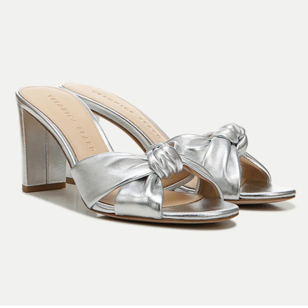 Veronica Beard Silver Knot-Front Block Heel Mules